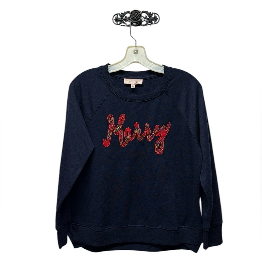 Philosophy navy blue Merry script in plaid crewneck sweatshirt sweater small